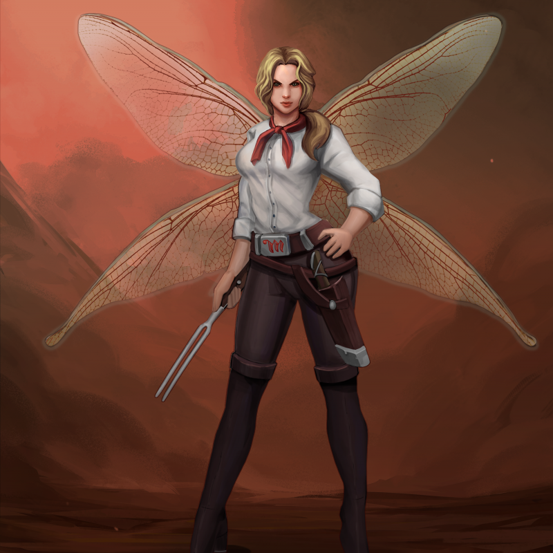 Illustration einer weiblichen Fantasy-Figur mit Feenflügeln. Sie trägt eine weiße Bluse, dunkle Hosen und hohe Stiefel. In der rechten Hand hält sie eine Fleischgabel, und an ihrem Gürtel sind verschiedene Werkzeuge befestigt. Der Hintergrund ist in warmen, rötlichen Farbtönen gehalten