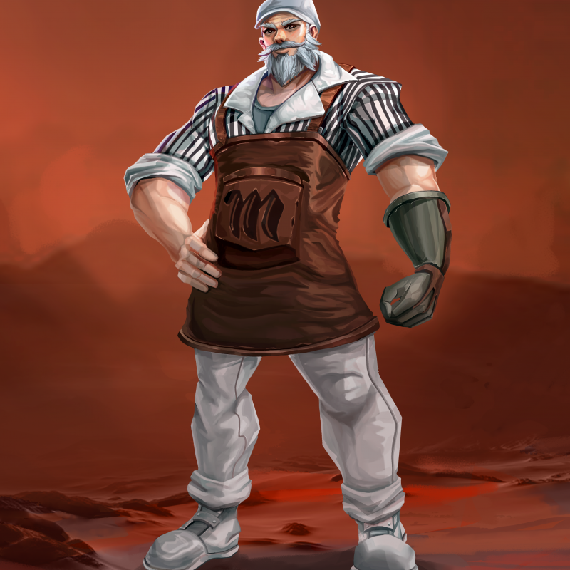 Illustration eines kräftigen Mannes mit grauem Bart und Schnurrbart. Er trägt eine Kochmütze, ein gestreiftes Hemd und eine braune Schürze mit einem 'M'-Logo. Der Mann hat eine mechanische Armprothese und steht vor einem Hintergrund in warmen Rottönen