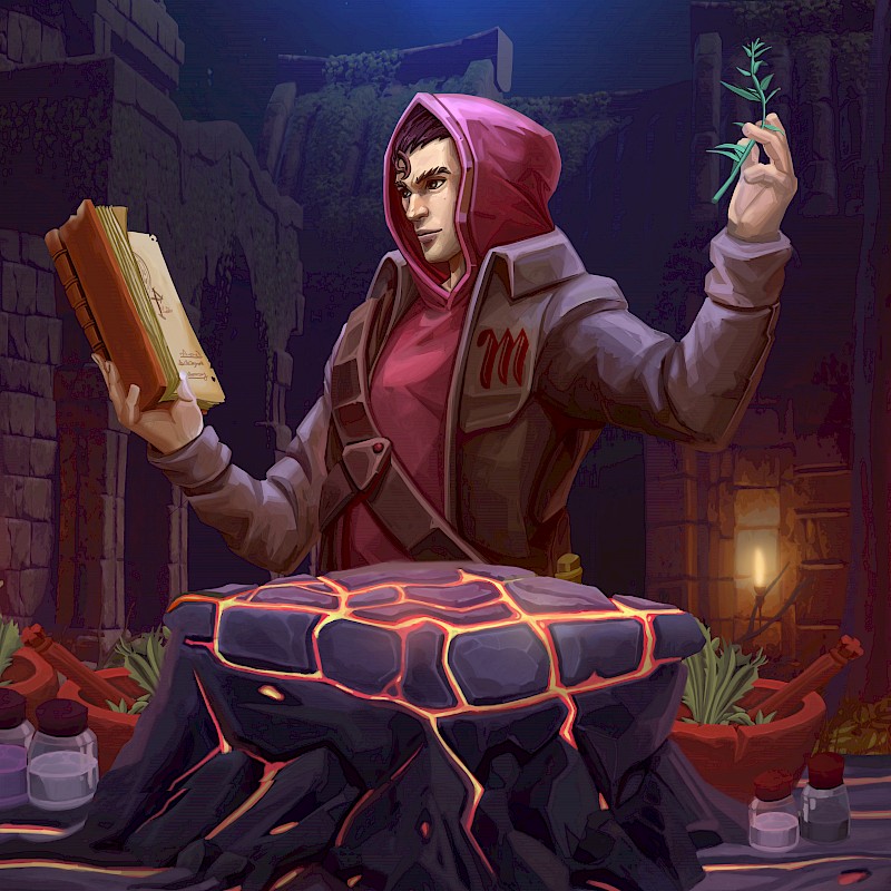 Illustration eines Magiers in rotem Umhang, der ein Buch in der linken Hand und ein magisches Kraut in der rechten Hand hält. Er steht vor einem Altar aus Lavagestein, umgeben von magischen Zutaten und Schriftrollen, in einer alten, verwitterten Ruine bei Nacht.