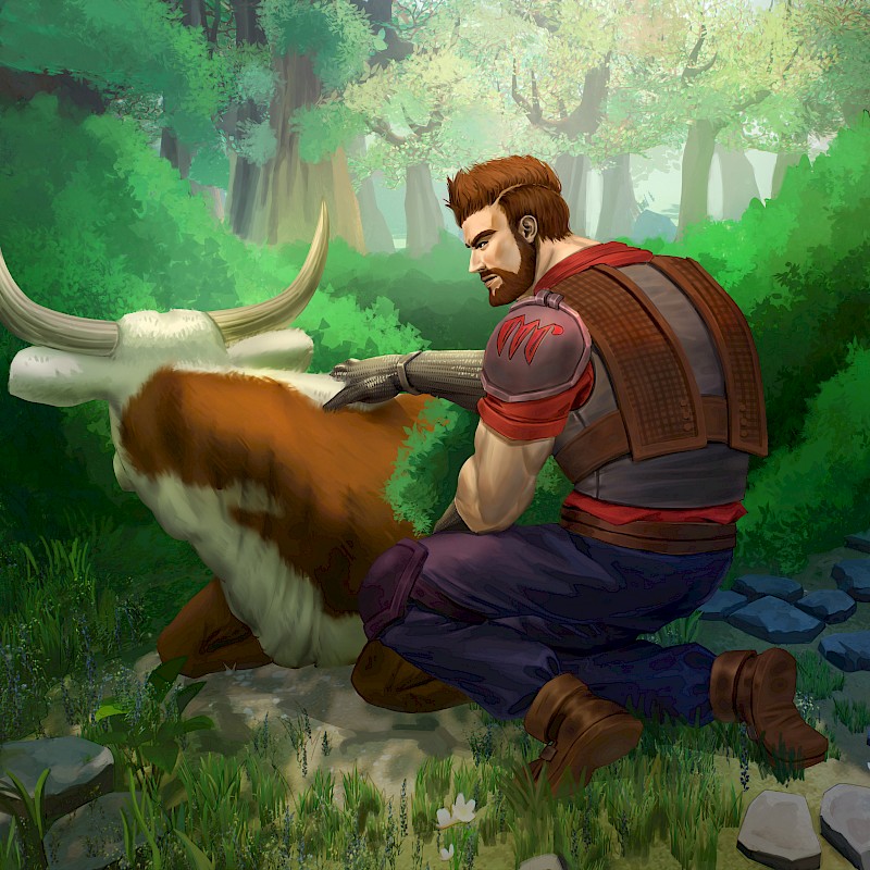 Illustration eines Kriegers in Rüstung, der in einem Wald neben einem großen, sitzenden Rind kniet. Der Krieger hat eine Keule auf dem Rücken und streichelt das Rind.