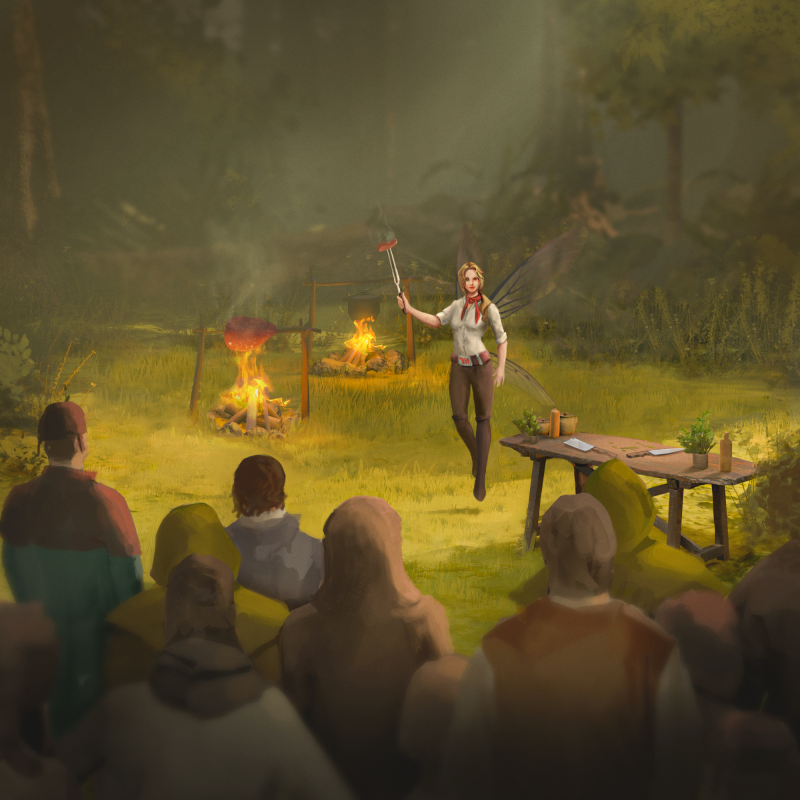 Illustration einer Waldszene, in der eine Frau mit Schmetterlingsflügeln vor einer Gruppe von Menschen steht. Sie hält eine Zange mit einem Stück Fleisch. Im Hintergrund sind Lagerfeuer mit Fleischstücken darüber zu sehen. Ein Tisch mit Kräutern und Utensilien steht neben der Frau. Die Menschen im Vordergrund sind in Umhänge gehüllt und beobachten die Szene.