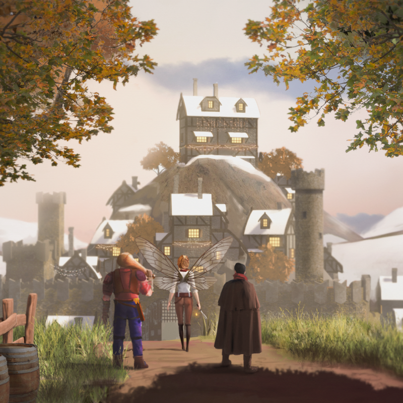 Illustration von drei Fantasy-Charakteren, die auf einem Weg in Richtung einer mittelalterlichen Stadt mit verschneiten Dächern und Türmen gehen. Links ist ein Krieger mit einer großen Keule, in der Mitte eine weibliche Kämpferin mit Feenflügeln und rechts ein Magier mit Umhang. Die Szene ist von Bäumen und Herbstlaub eingerahmt.