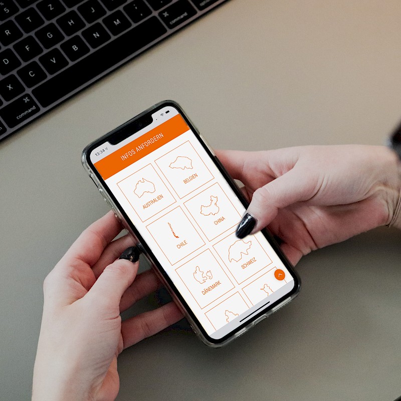 Person hält ein Smartphone mit der 'active abroad'-Webseite und verschiedenen Länderoptionen