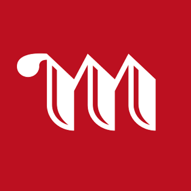 Ein weißes Logo auf rotem Hintergrund.