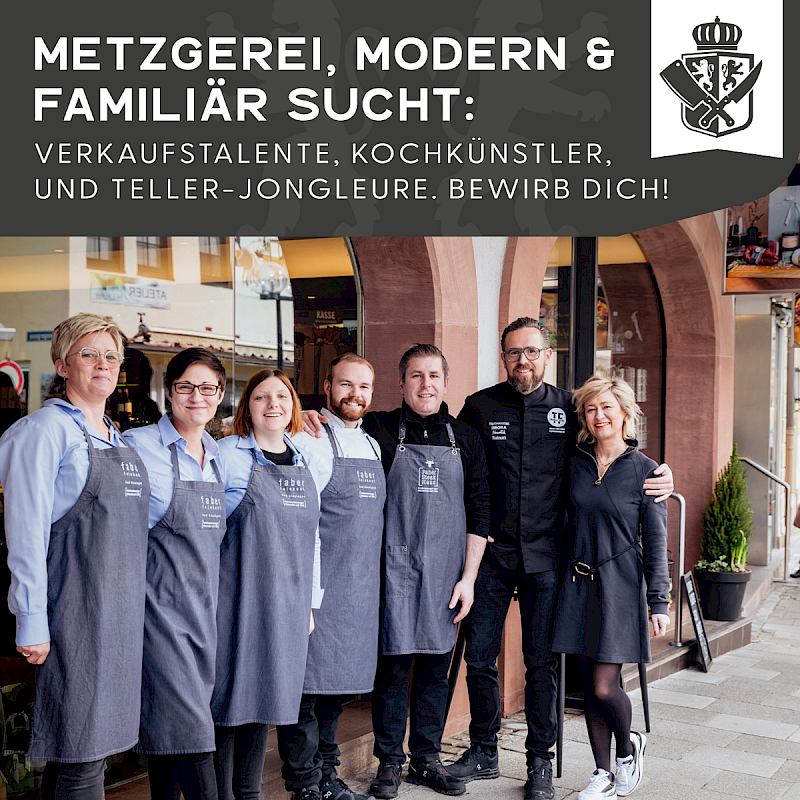 Gruppenbild mit fröhlichen Teammitgliedern, Überschrift: Metzgerei, modern & familiär sucht